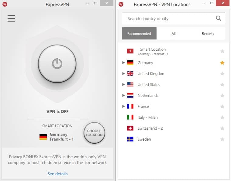 ExpressVPN menu