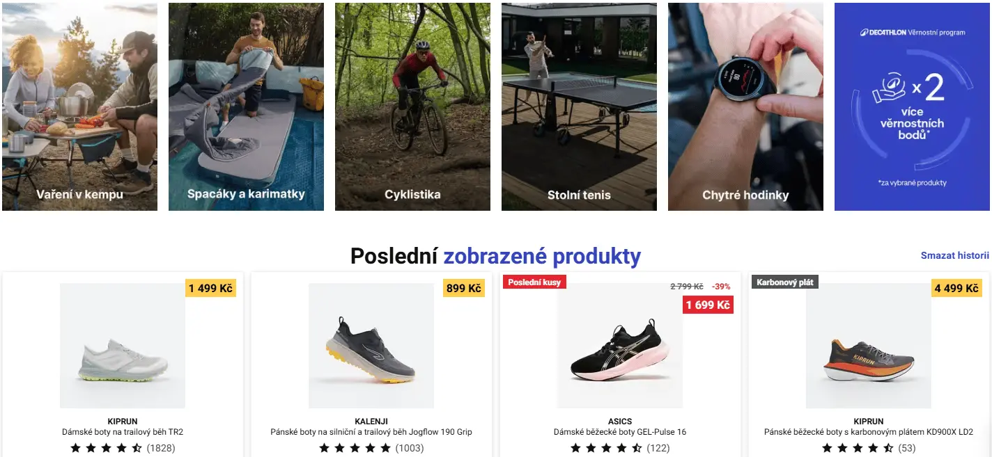 Decathlon e-shop zobrazené produkty