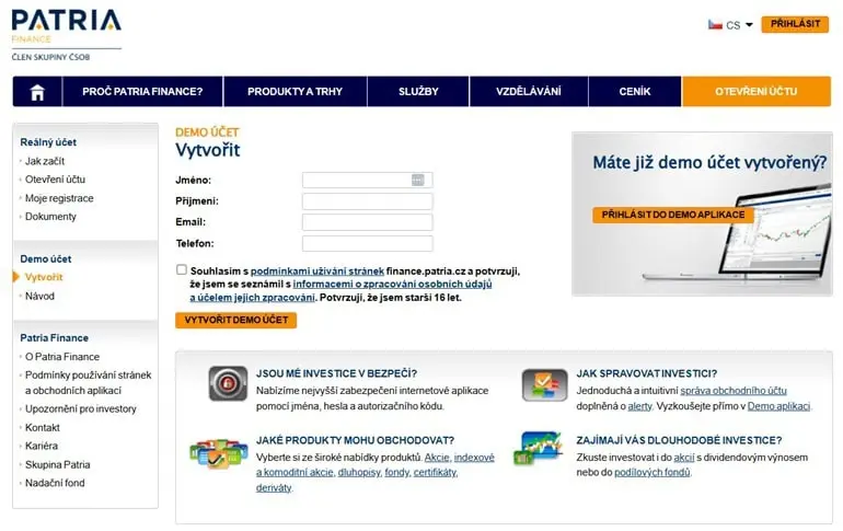 Demo účet Patria Finance - recenze patria finance