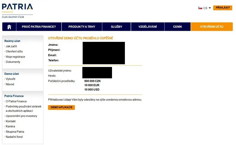 Demo účet Patria Finance - recenze patria finance02