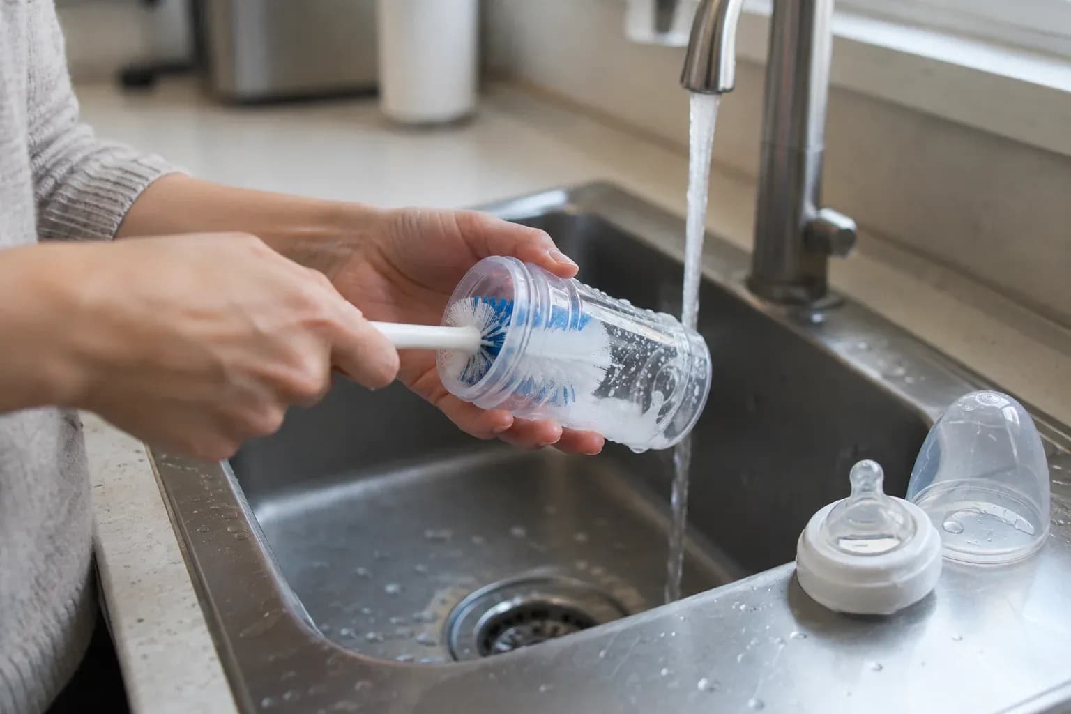 Mytí kojenecké lahve kartáčkem před sterilizací