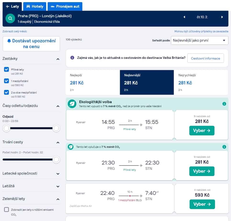 recenze Skyscanner, vyhledávání letenek