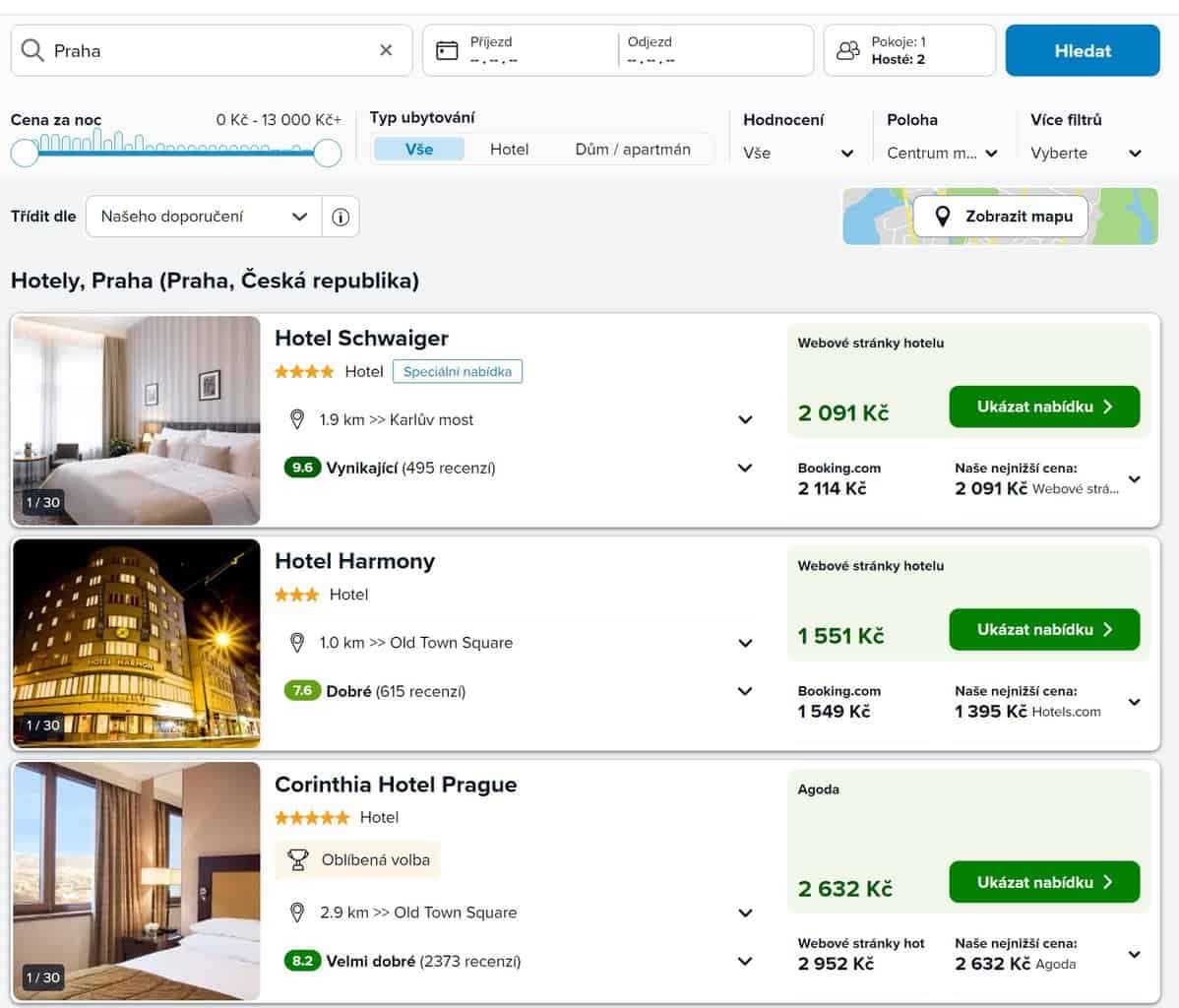 Vyhledávání a nabídka služeb Trivago
